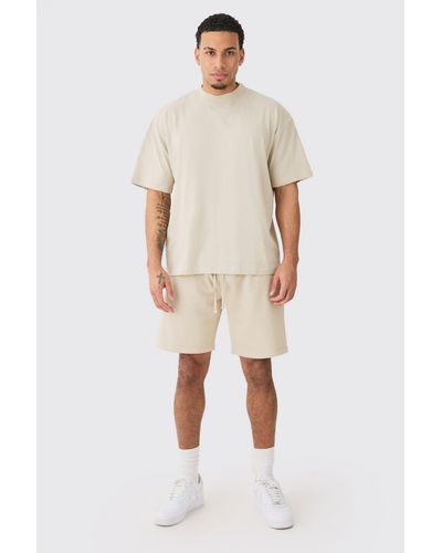 BoohooMAN Man Oversized Extended Neck T-shirt And Relaxed Short Set - Natural