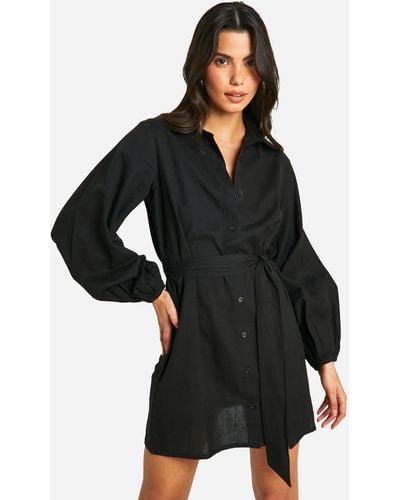 Boohoo Linen Wrap Shirt Dress - Black