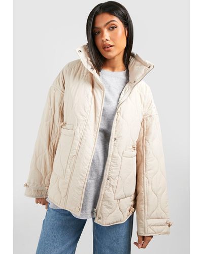 Boohoo Maternity Quilted Toggle Detail Funnel Neck Puffer Jacket - Natural