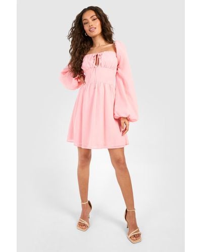 Boohoo Chiffon Blouson Sleeve Milkmaid Mini Dress - Pink