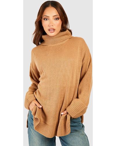 Boohoo Tall Roll Neck Knitted Sweater - Natural