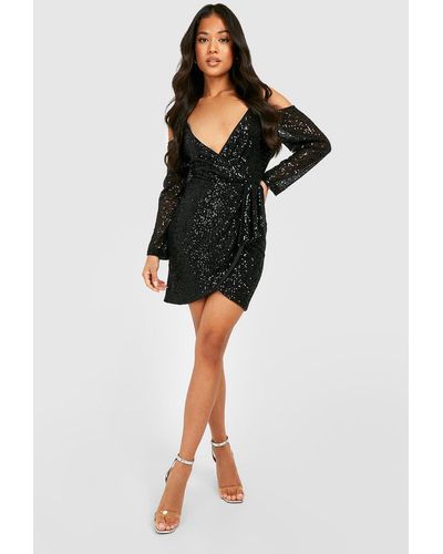 Boohoo Petite Sequin Cold Shoulder Drape Wrap Dress - Black