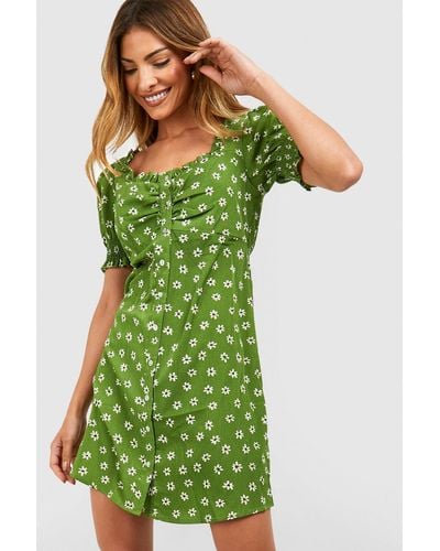Boohoo Vestido De Verano Con Mangas Abullonadas Y Estampado De Flores - Verde
