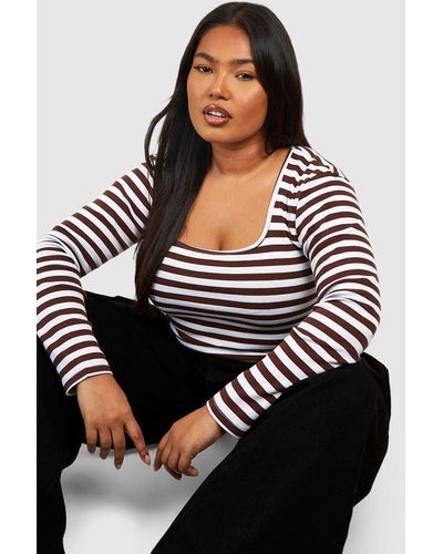 Boohoo Plus Square Neck Stripped Long Sleeve Top - Black