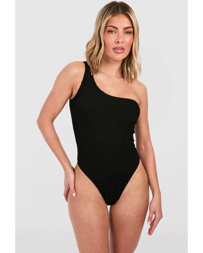 Boohoo Crinkle One Shoulder Bathing Suit - Black