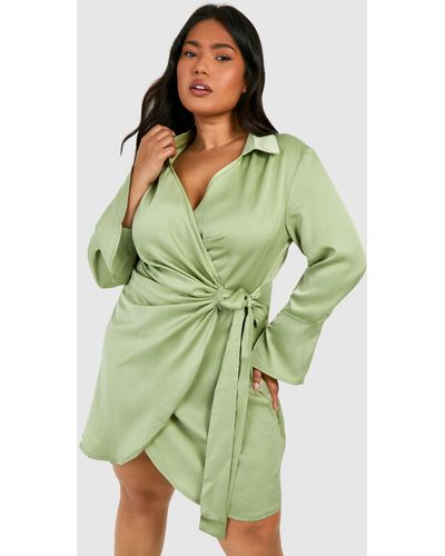 Boohoo Plus Satin Wrap Shirt Dress - Green