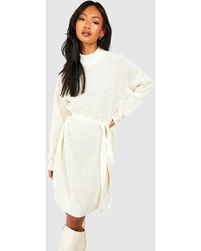 Boohoo High Neck Belted Knitted Mini Dress - White