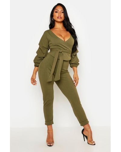 Boohoo Wrap Rouche Top And Pants Two-piece Set - Green