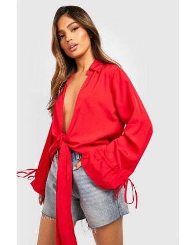 Boohoo Tie Front Plunge Woven Shirt - Red