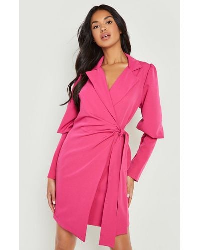 Boohoo Puff Sleeve Wrap Tie Blazer Dress - Pink