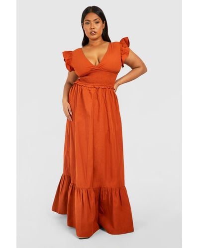 Boohoo Plus Woven Shirred Plunge Maxi Dress - Orange