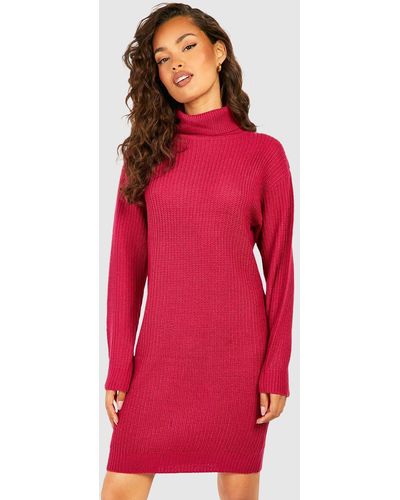 Boohoo Basic Roll Neck Sweater Dress - Red