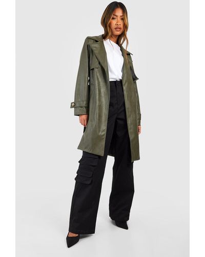 Boohoo Belted Short Faux Leather Trench Coat - Green