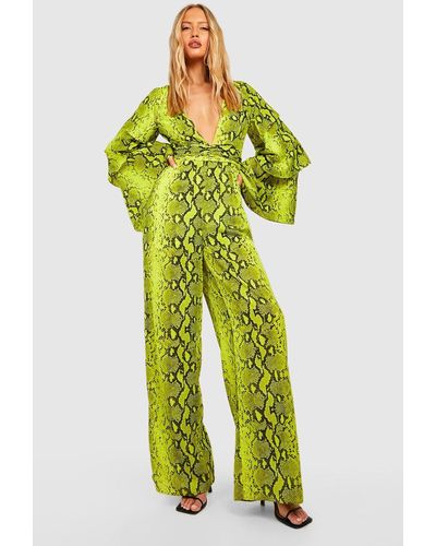 Boohoo Tall Neon Snakeskin Print Plunge Ruffle Wide Leg Jumpsuit - Green
