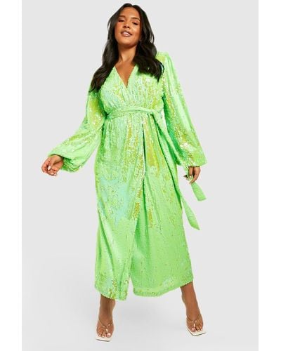 Boohoo Plus Sequin Neon Wrap Midi Dress - Green