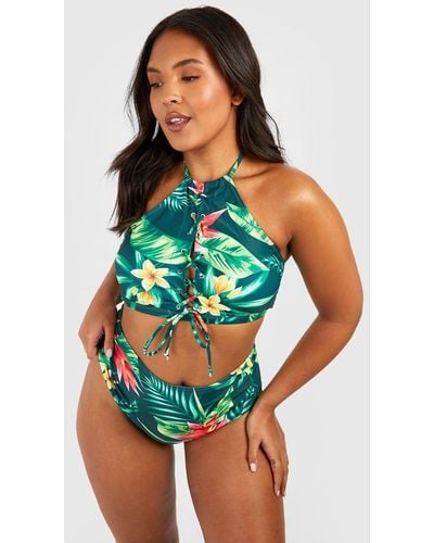 Boohoo Plus Hawaiian Print Lace Up High Waisted Bikini - Green