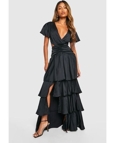 Boohoo Ruffle Tiered Cut Out Maxi Dress - Black