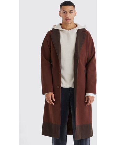 BoohooMAN Longline Color Block Belted Overcoat - Brown