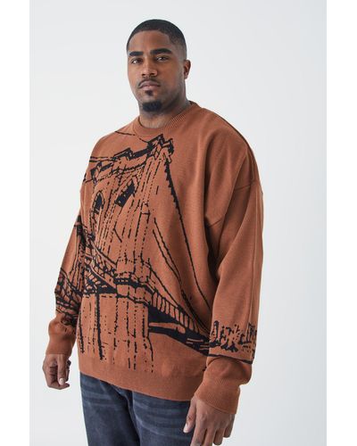 BoohooMAN Plus Oversized Drop Shoulder Line Graphic Sweater - Brown