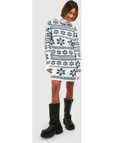Boohoo Roll Neck Snowflake And Fairisle Christmas Sweater Dress - White