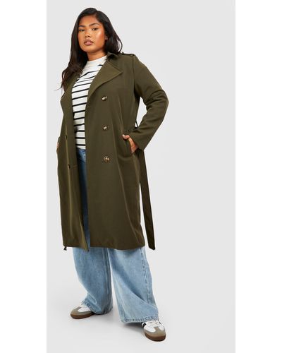 Boohoo Plus Woven Longline Belted Trench - Green