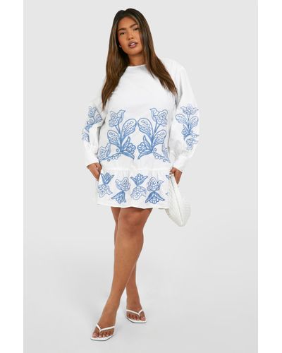 Boohoo Plus Woven Embroidery Detail Frill Hem Long Sleeve Dress - Blue