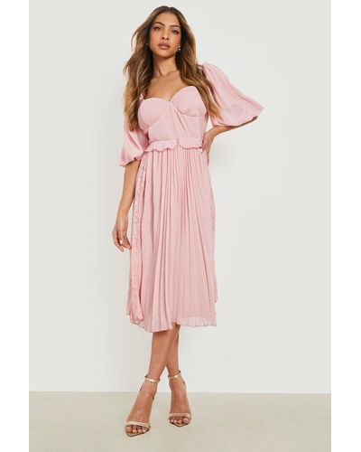 Boohoo Pleated Short Sleeve Midi Smock Dress - Pink