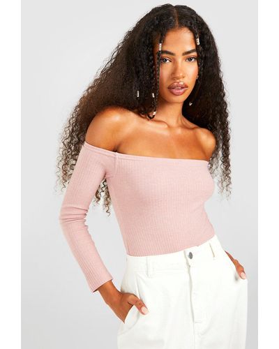 Boohoo Off The Shoulder Long Sleeve Rib One Piece - White