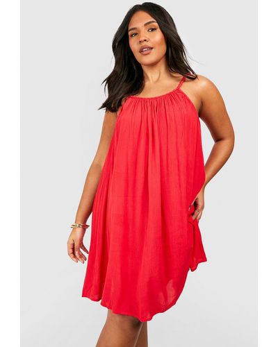Boohoo Plus Crinkle Rayon Braided Strap Beach Dress - Red