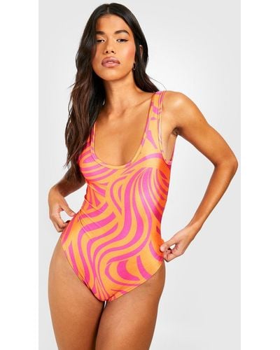 Boohoo Tall Abstract Zebra Print Scoop Bathing Suit - Orange