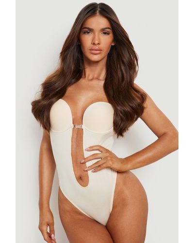 Boohoo Plunge Pull In Body Shaping One Piece - Natural