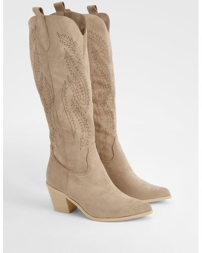 Boohoo Embroidered Calf High Western Boots - White