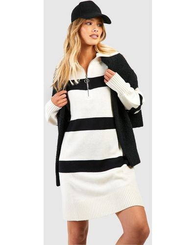 Boohoo Half Zip Stripe Sweater Dress - White