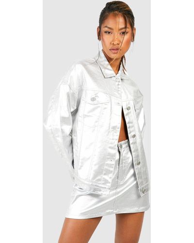 Boohoo Metallic Coated Oversized Denim Jacket - White