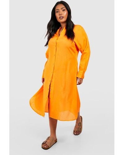 Boohoo Plus Linen Midi Shirt Dress - Orange