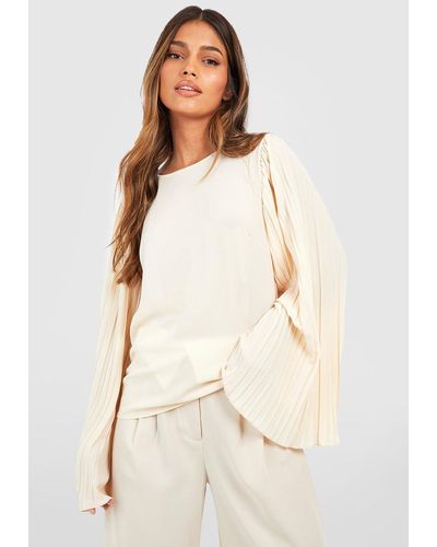 Boohoo Flared Pleat Sleeve Woven Blouse - Natural