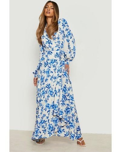 Boohoo Floral Wrap Belted Maxi Dress - White