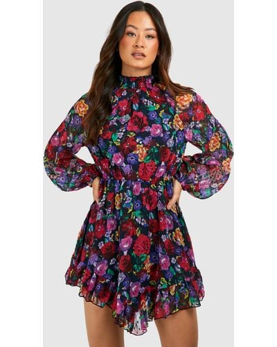 Boohoo Tall Floral Print Chiffon High Neck Smock Dress - Red