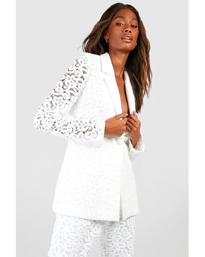 Boohoo Premium Lace Fitted Tailored Blazer - White