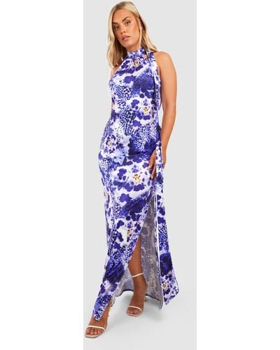 Boohoo Plus Floral Slinky Halterneck Drape Detail Midaxi Dress - Blue