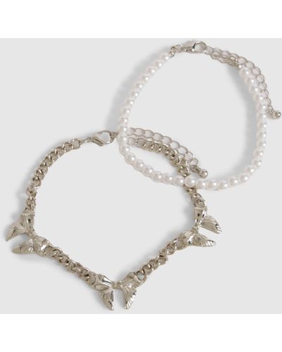 Boohoo Pearl & Bow Chain Layered Bracelets - Blanco