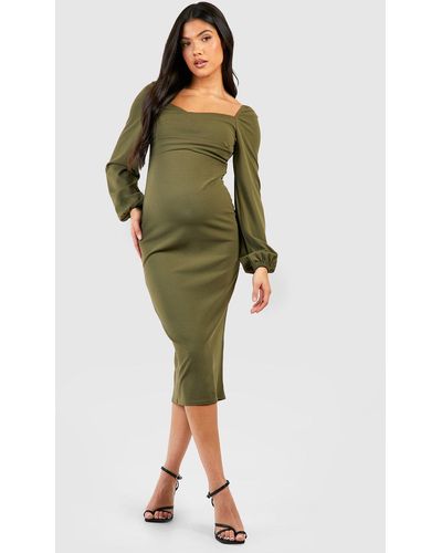 Boohoo Maternity Drape Detail Blouson Sleeve Midi Dress - Green