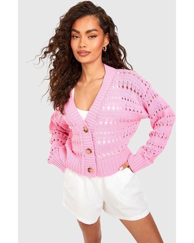 Boohoo Crochet Button Through Crop Cardigan - Pink