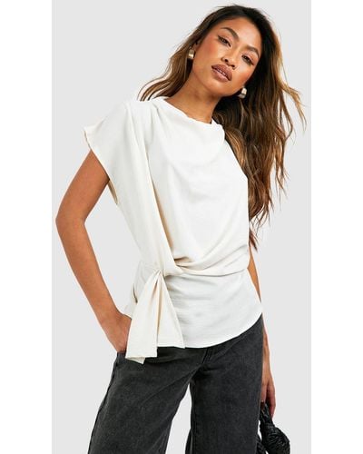 Boohoo Hammered Knot Front Cowl Neck Blouse - White