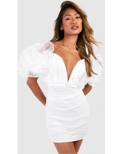 Boohoo Tulle Rouched Mini Dress - White
