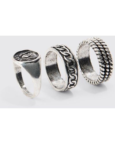 BoohooMAN 3 Pack Embossed Rings In Silver - Blue