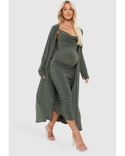 Boohoo Maternity Strappy Cowl Neck Dress And Duster Coat - Green