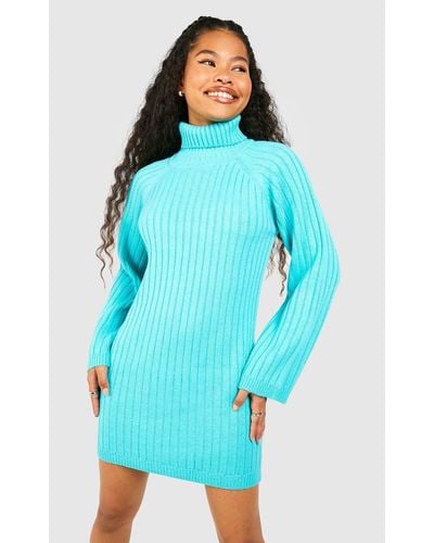 Boohoo Petite Roll Neck Wide Sleeve Sweater Dress - Blue