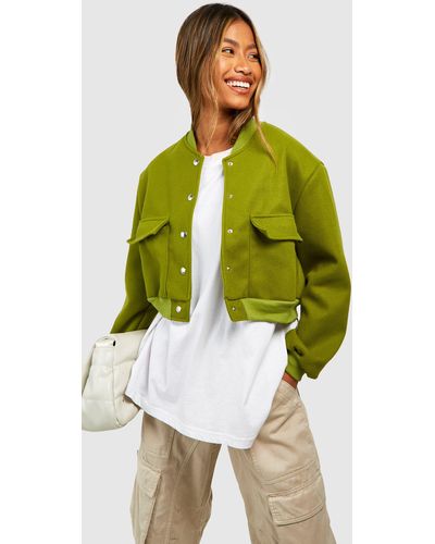 Boohoo Pocket Detail Wool Look Bomber Jacket - Green