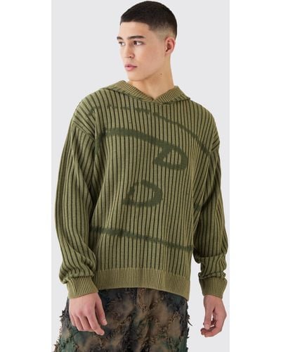 BoohooMAN Oversized Boxy Branded Knitted Hoodie - Green